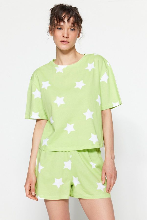 Trendyol Trendyol Light Green 100% Cotton Star Patterned T-shirt-Shorts Knitted Pajama Set