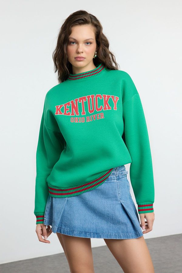 Trendyol Trendyol Light Green Slogan Printed Oversize/Wide Pattern Thick Inside Polar Fleece Knitted Sweatshirt