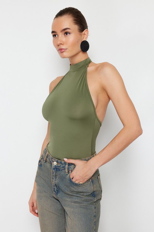 Trendyol Trendyol Light Khaki High Collar Low Back Flexible Snap Fastener Knitted Body