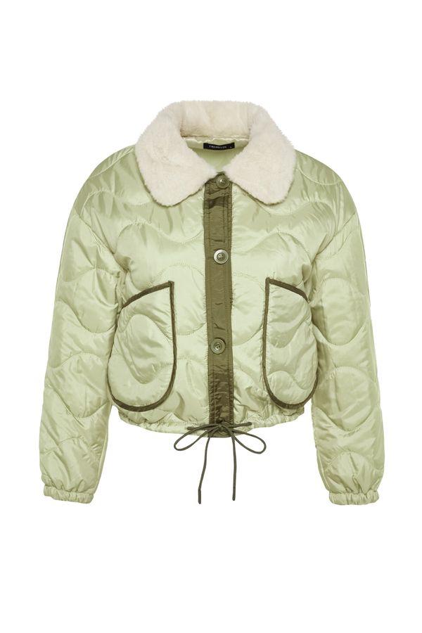 Trendyol Trendyol Light Khaki Oversized Water-Repellent Quilted Inflatable Coat with Color Block and Plush Collar Detail
