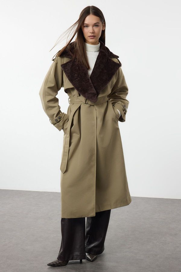 Trendyol Trendyol Light Khaki Regular Collar Plush Detail Belted Trench Coat