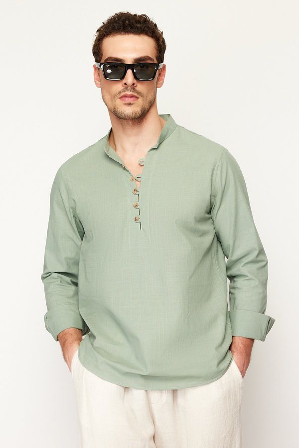 Trendyol Trendyol Light Khaki Slim Fit Half Plaid Large Collar 100% Cotton Shirt Shirt