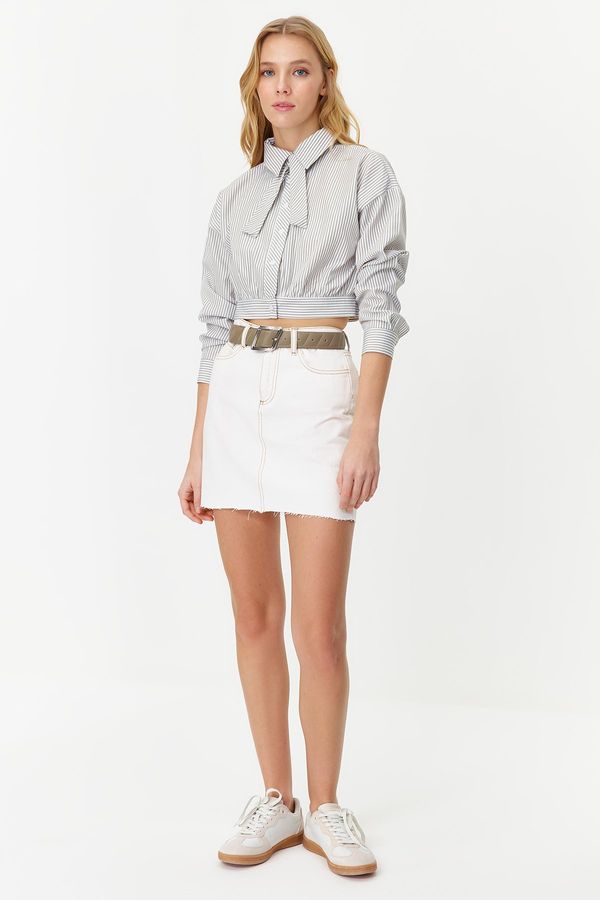 Trendyol Trendyol Light Khaki Striped Tie Detailed Waist Fitted/Fitted Crop Woven Shirt