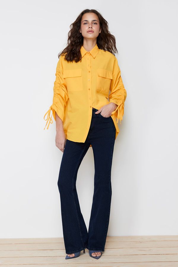 Trendyol Trendyol Light Orange Adjustable Gathered Detail Woven Cotton Shirt with Sleeves