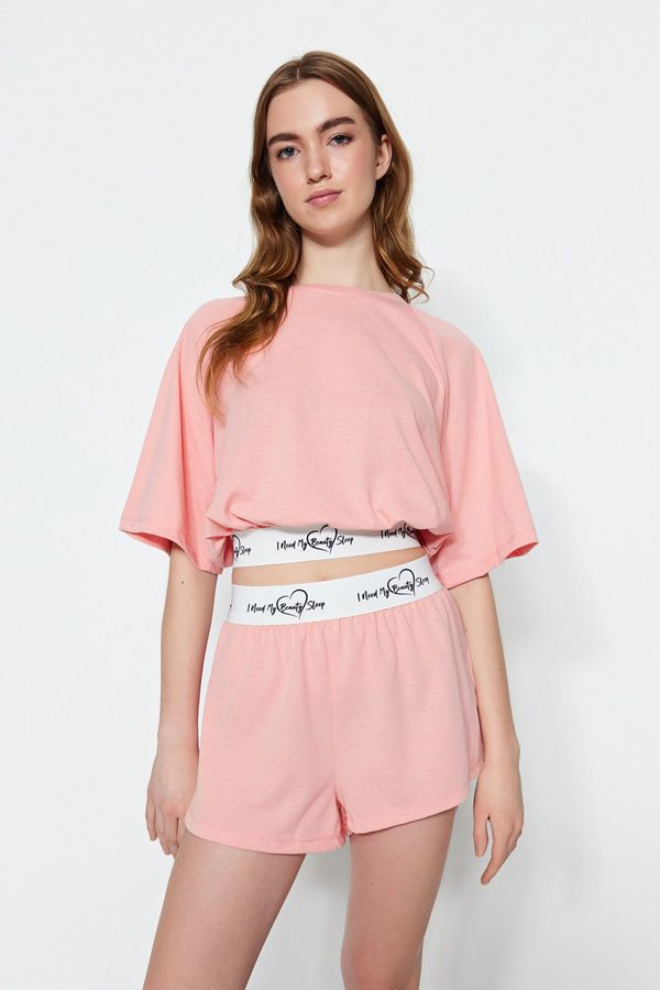 Trendyol Trendyol Light Pink Cotton Slogan Elastic Detailed T-shirt-Shorts Knitted Pajama Set