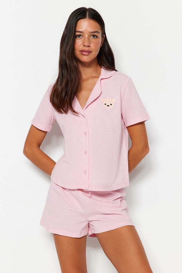 Trendyol Trendyol Light Pink Cotton Teddy Bear Shirt-Shorts Knitted Pajama Set