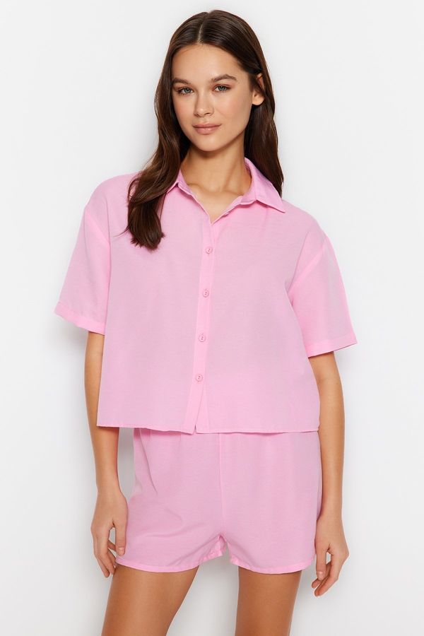 Trendyol Trendyol Light Pink Elastic Detailed Shirt-Shorts Woven Pajamas Set