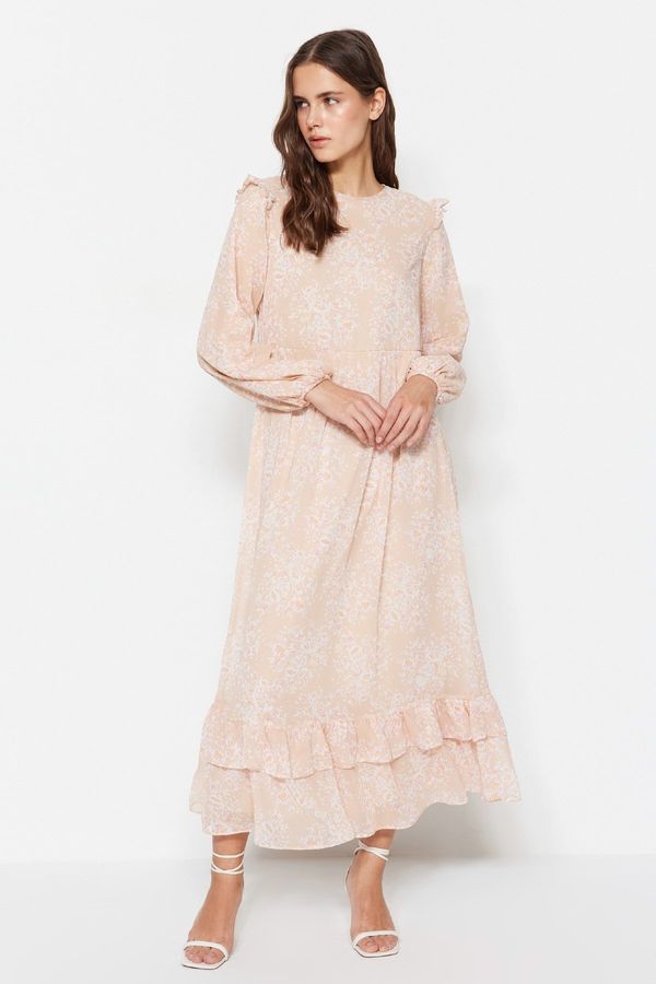 Trendyol Trendyol Light Pink Floral Lined Woven Chiffon Dress with Ruffle Detailed on the Shoulders