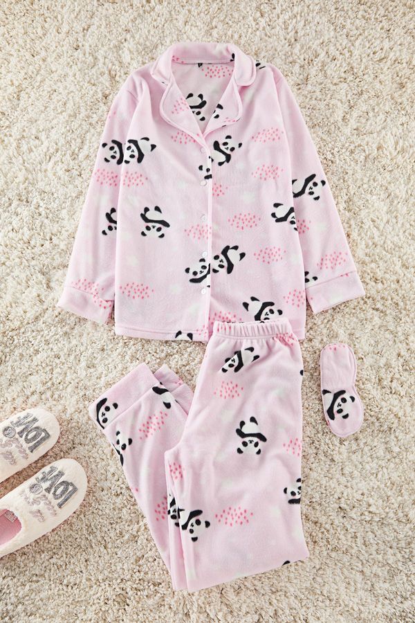 Trendyol Trendyol Light Pink Panda Patterned Sleep Band Polar Winter Knitted Pajama Set