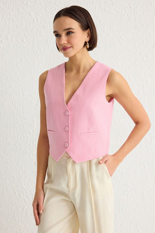 Trendyol Trendyol Light Pink Regular Striped Cotton Linen Crop Woven Vest