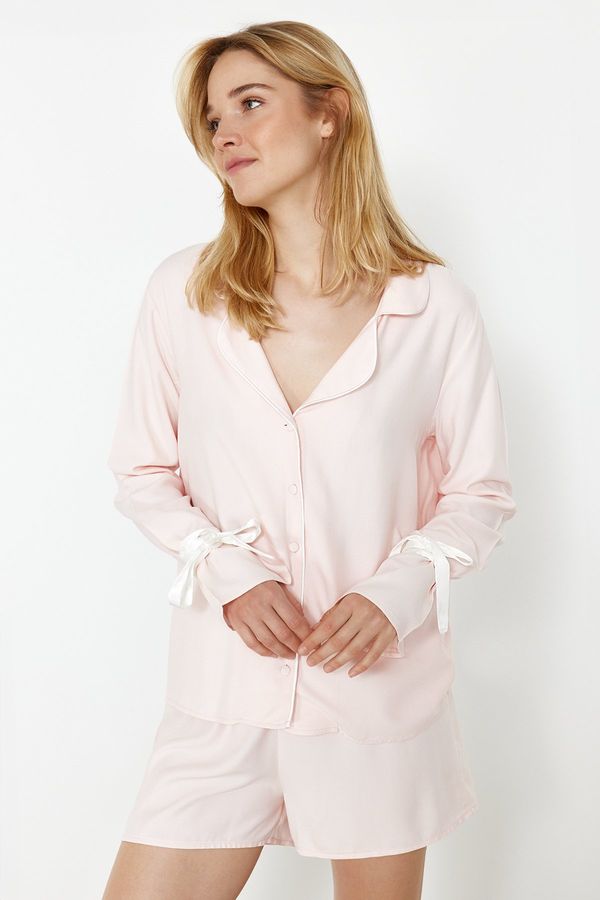 Trendyol Trendyol Light Pink Tie/Bow and Piping Detailed Viscose Woven Pajama Set
