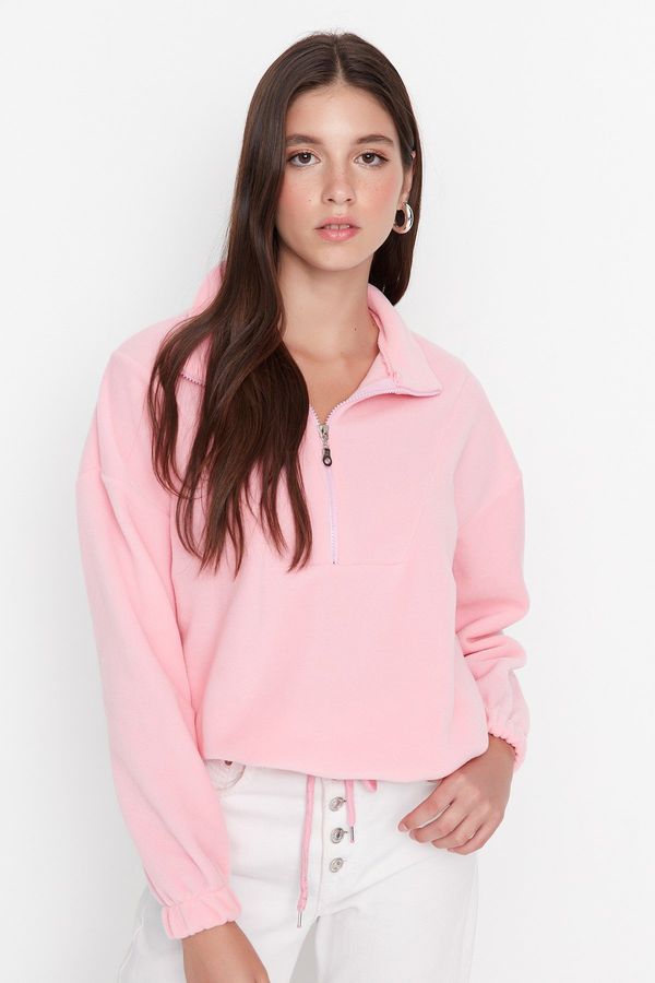 Trendyol Trendyol Light Pink Zipper Detailed Fleece Knitted Sweatshirt