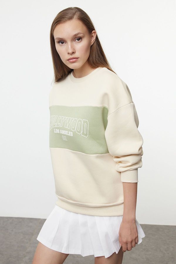 Trendyol Trendyol Light Stone Color Blocked Slogan Printed Oversize Fit Thick Inside Fleece Knitted Sweatshirt