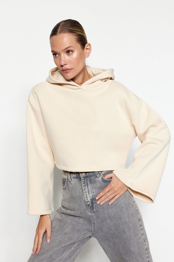 Trendyol Trendyol Light Stone Thick Inside Fleece Relaxed Cut Crop Spanish Sleeve Hooded Knitted Sweatshirt