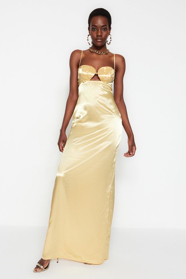 Trendyol Trendyol Light Yellow Weave Satin Long Evening Dress with Window/Cut Out Detail