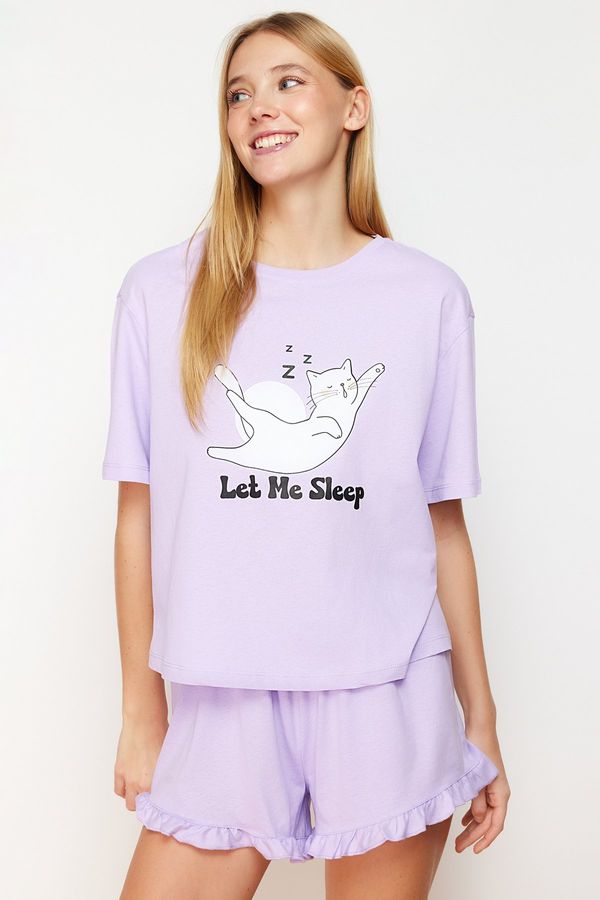 Trendyol Trendyol Lilac 100% Cotton Animal Print Ruffle Detail Knitted Pajamas Set