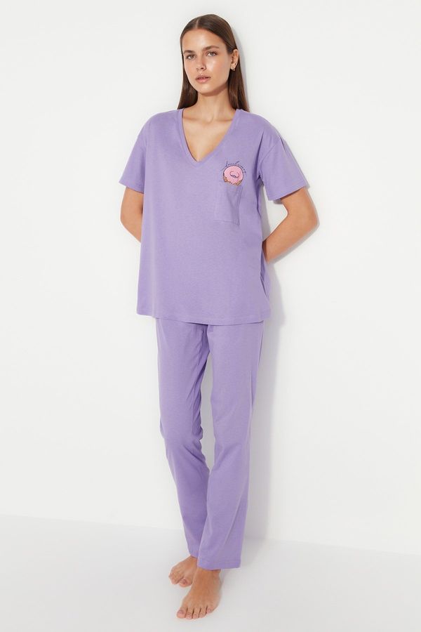 Trendyol Trendyol Lilac 100% Cotton Printed Pocket Detail Wide Pattern T-shirt-Pants Knitted Pajama Set