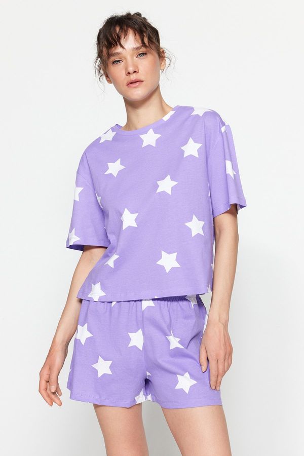 Trendyol Trendyol Lilac 100% Cotton Star Patterned T-shirt-Shorts Knitted Pajama Set