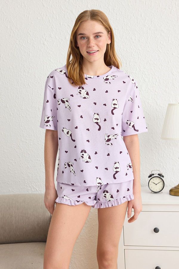 Trendyol Trendyol Lilac Animal Frilled Jersey Knitted Pajama Set