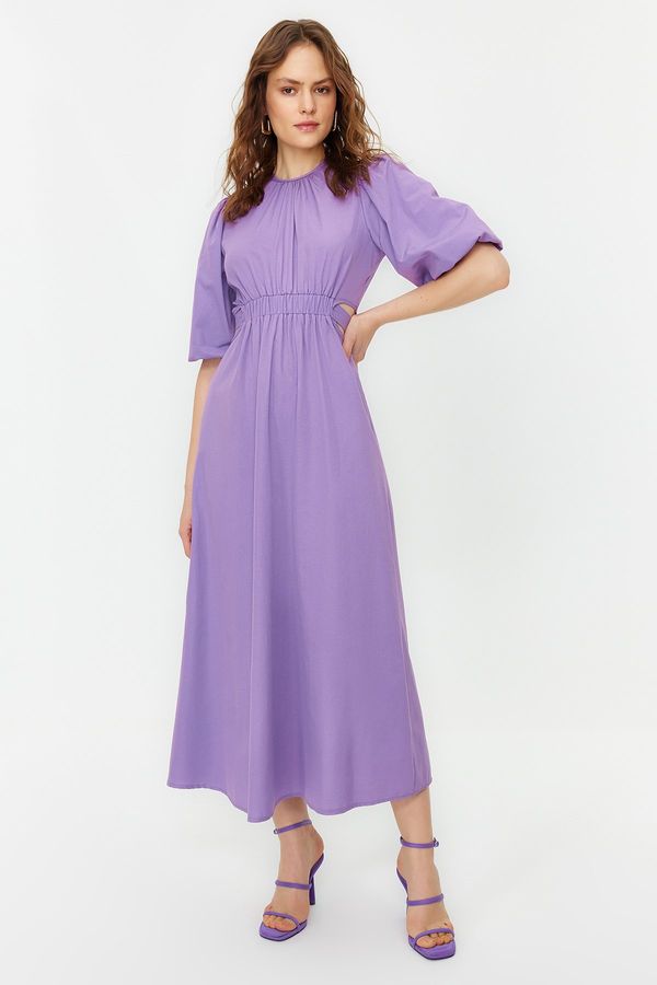 Trendyol Trendyol Lilac Balloon Sleeve Cut Out Detail Cotton Woven Dress