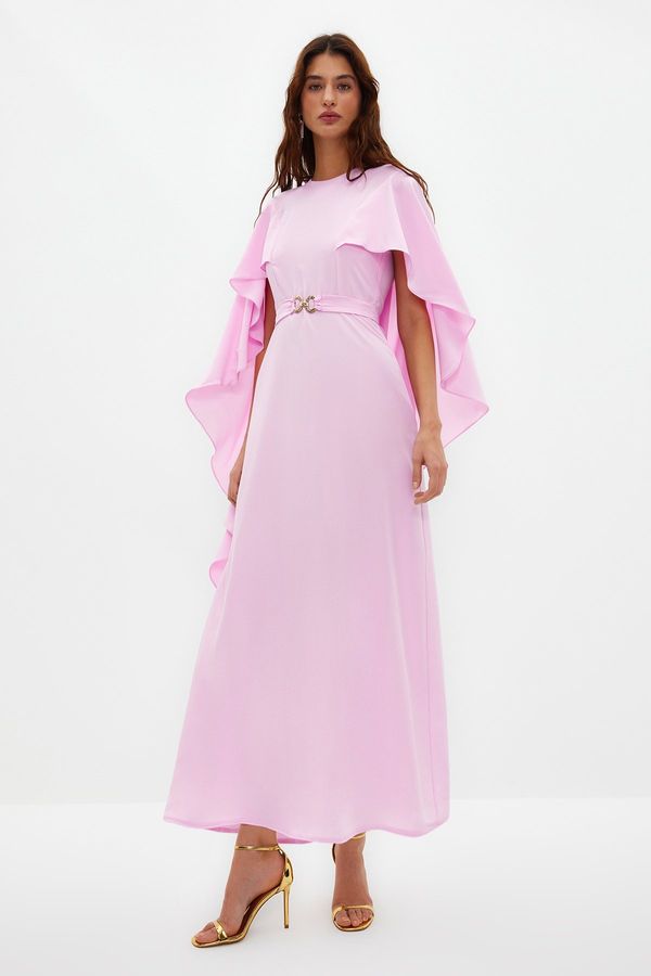 Trendyol Trendyol Lilac Belted Cape Detailed Elegant Woven Evening Dress