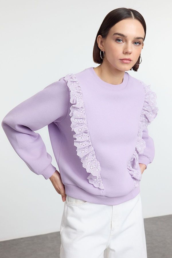 Trendyol Trendyol Lilac Brode Detailed Regular/Normal Pattern Thick Polar Fleece Knitted Sweatshirt