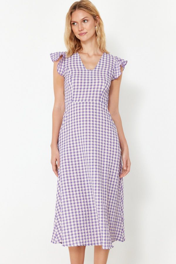 Trendyol Trendyol Lilac Checked A-Line Gipe Detailed Midi Woven Dress