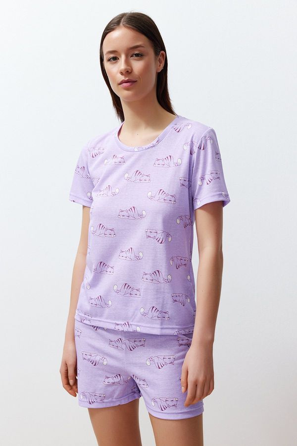 Trendyol Trendyol Lilac Cotton Animal Pattern Knitted Pajamas Set