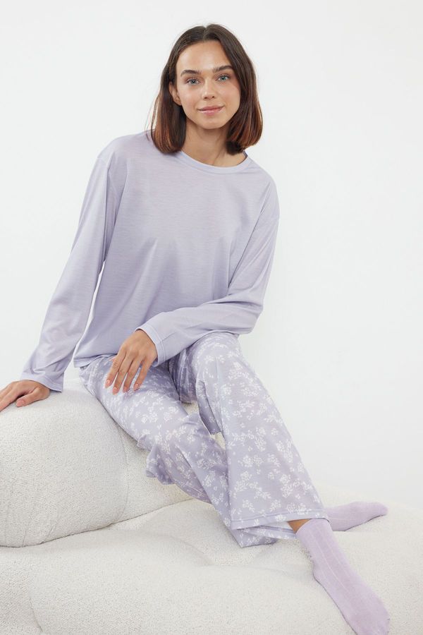 Trendyol Trendyol Lilac Cotton Floral Knitted Pajama Set