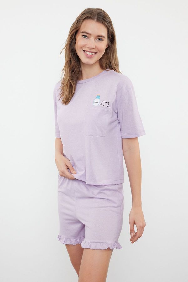 Trendyol Trendyol Lilac Cotton Frilly Printed Knitted Pajamas Set