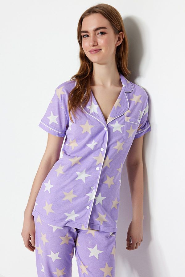 Trendyol Trendyol Lilac Cotton Starry Shirt-Pants Knitted Pajama Set