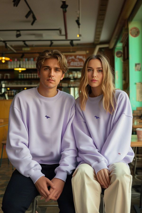 Trendyol Trendyol Lilac Crew Neck Oversize/Wide Cut Polar Fleece Inside Dinosaur Embroidery Sweatshirt