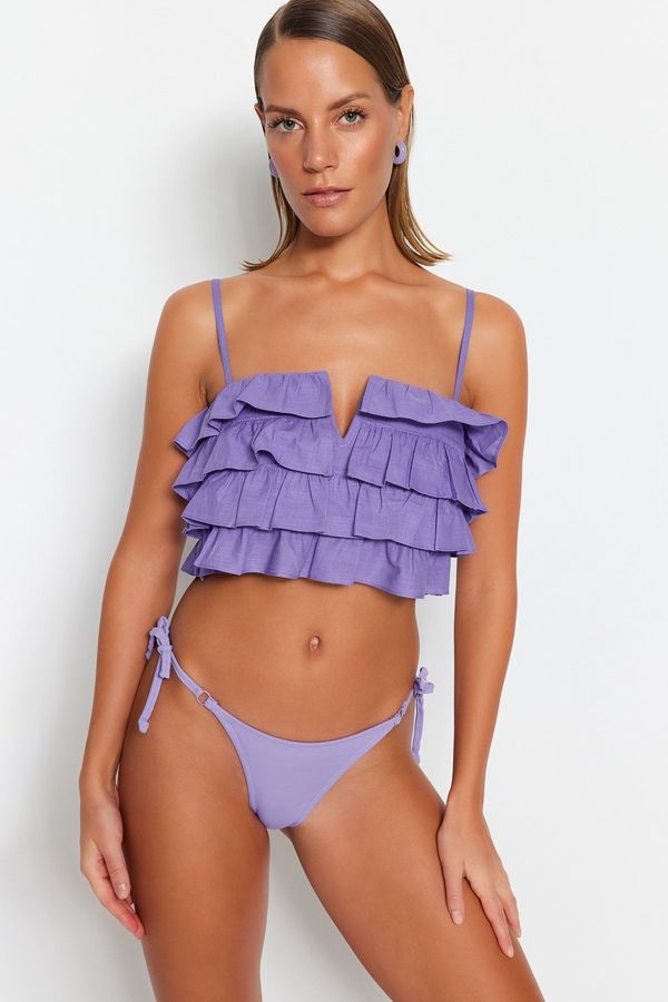 Trendyol Trendyol Lilac Crop Weave Ruffled 100% Cotton Blouse