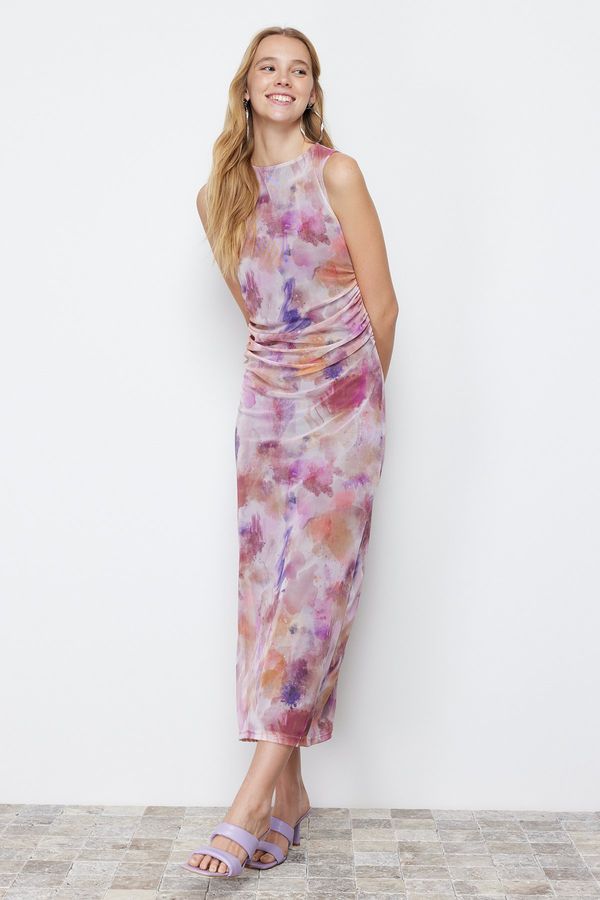 Trendyol Trendyol Lilac Drape Detailed Fitted Maxi Length Tulle Knitted Maxi Dress