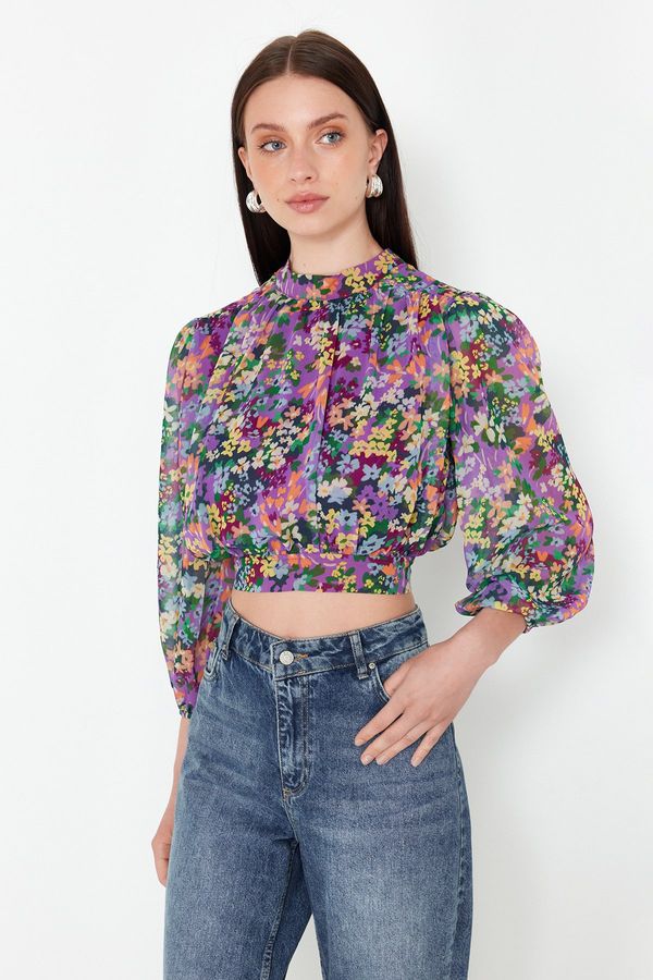 Trendyol Trendyol Lilac Floral High Neck Crop Blouse