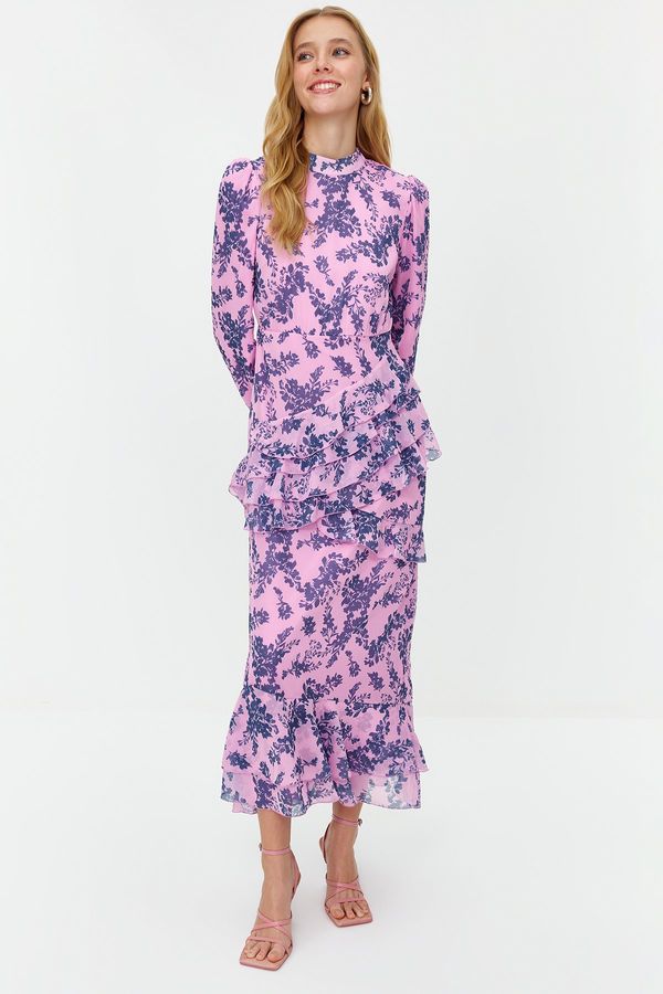Trendyol Trendyol Lilac Floral Skirt Ruffled Lined Woven Chiffon Dress