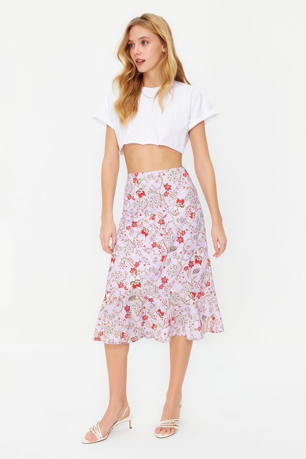 Trendyol Trendyol Lilac Flounce Viscose Fabric Animal Patterned Midi Woven Skirt