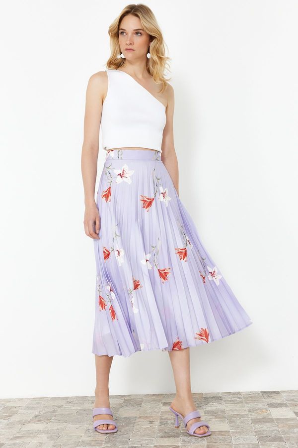 Trendyol Trendyol Lilac Flower Patterned Pleated Satin Fabric Maxi Length Woven Skirt
