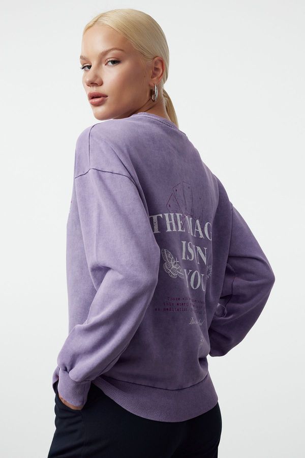 Trendyol Trendyol Lilac Front and Back Printed Washed Oversize/Wide Fit Knitted Sweatshirt