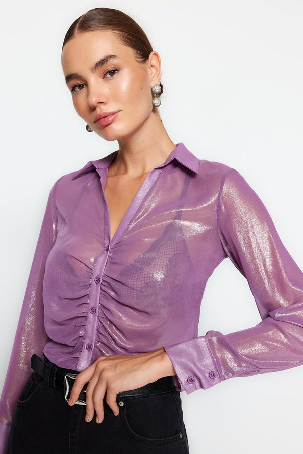 Trendyol Trendyol Lilac Gathered Shiny Transparent Woven Shirt