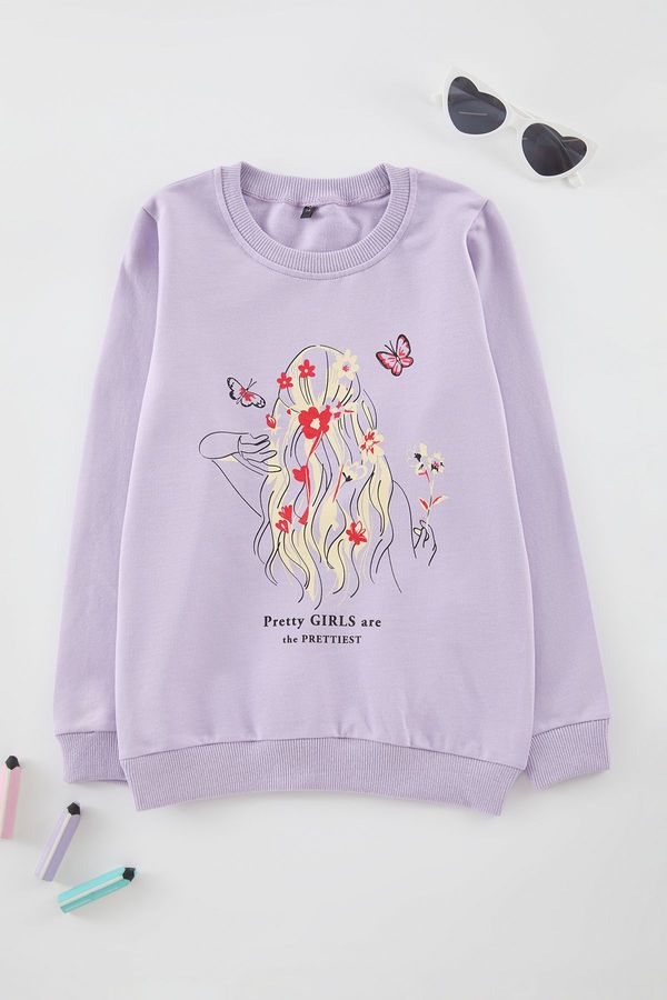 Trendyol Trendyol Lilac Girl Printed Crew Neck Knitted Sweatshirt