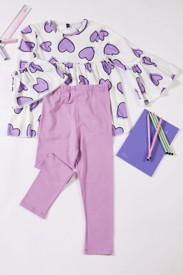 Trendyol Trendyol Lilac Girl Seasonal-Thin Heart Patterned Cotton Knitted Bottom-Top Set