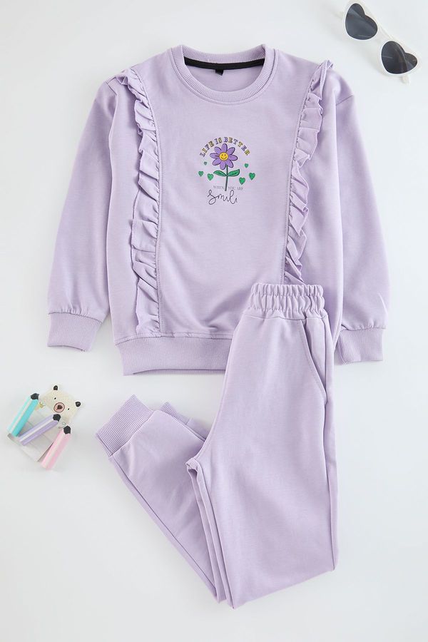 Trendyol Trendyol Lilac Girls Floral Pajama Set Knitted Top-Bottom Set