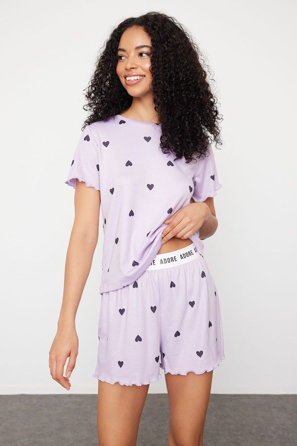Trendyol Trendyol Lilac Heart Slogan Printed Rubber Detailed Corded Knitted Pajama Set