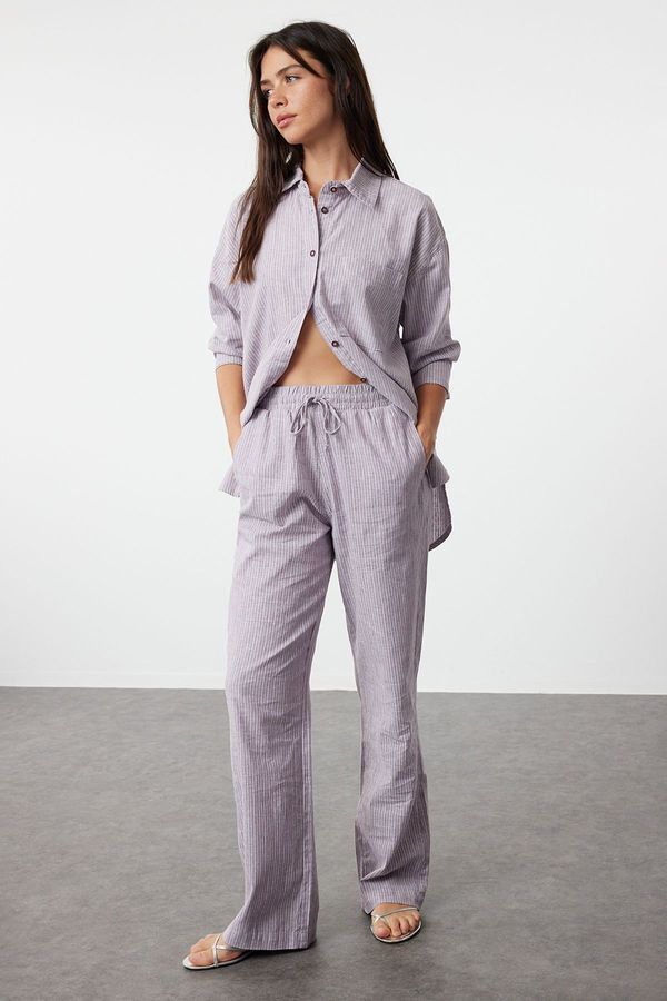 Trendyol Trendyol Lilac Linen Blend High Waist Striped Wide Leg Trousers