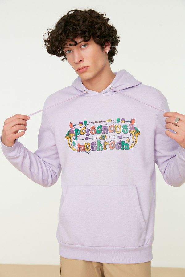 Trendyol Trendyol Lilac Men's Regular/Normal Fit Hooded Text Printed Sweatshirt
