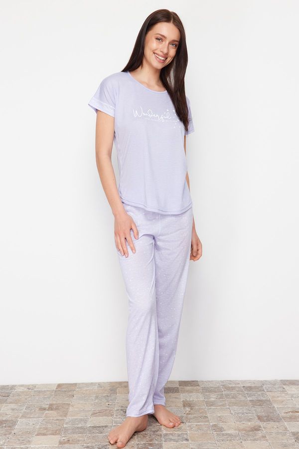 Trendyol Trendyol Lilac Motto Printed Knitted Pajamas Set