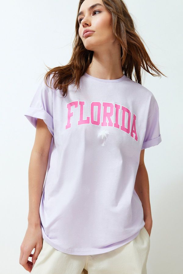 Trendyol Trendyol Lilac Oversize Printed Crew Neck Short Sleeve Knitted T-Shirt