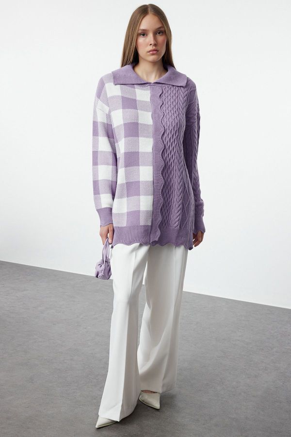 Trendyol Trendyol Lilac Plaid Polo Neck Knitwear Sweater