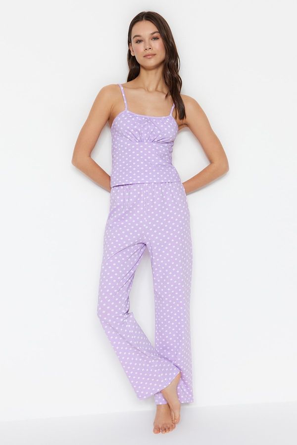 Trendyol Trendyol Lilac Polka Dot Cotton Rope Strap Knitted Pajama Set